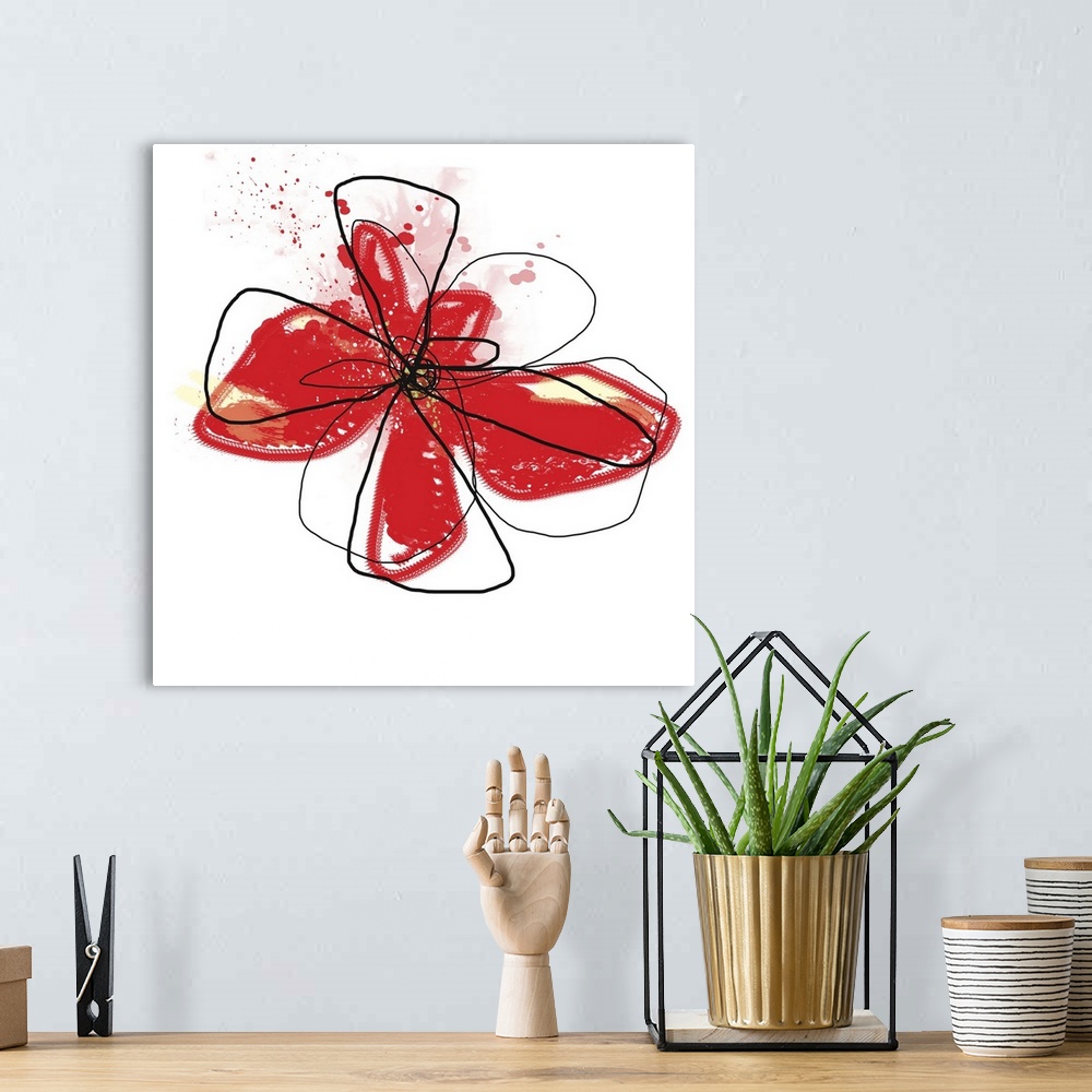 A bohemian room featuring Mixed digital art piece of and outline of a flower head with vibrant color paint splashes represe...