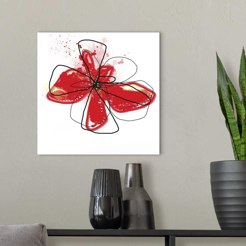 A modern room featuring Mixed digital art piece of and outline of a flower head with vibrant color paint splashes represe...