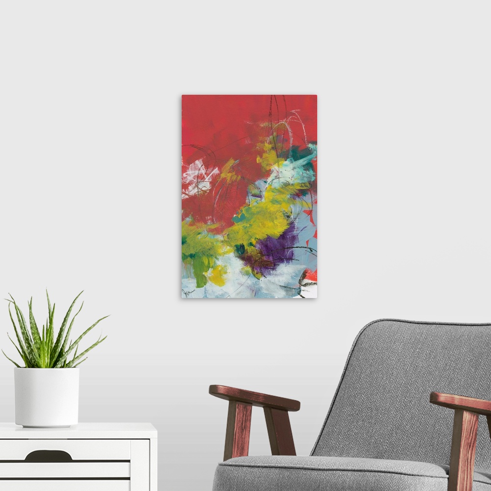 A modern room featuring Abstract contemporary artwork of quick brushstrokes in yellow, red, and purple.