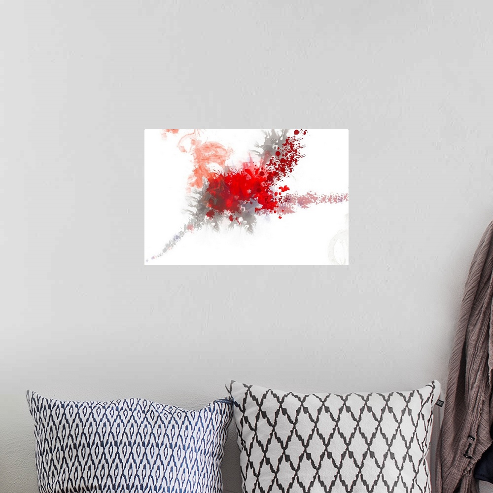 A bohemian room featuring Digital abstract wall art with exploding warm splotches on a blank background.