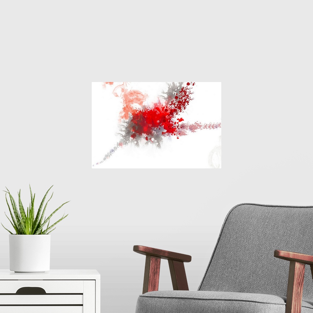 A modern room featuring Digital abstract wall art with exploding warm splotches on a blank background.