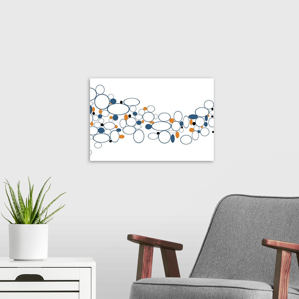 A modern room featuring Horizontal abstract artwork by a contemporary artist created with repeating circle shapes flowing...