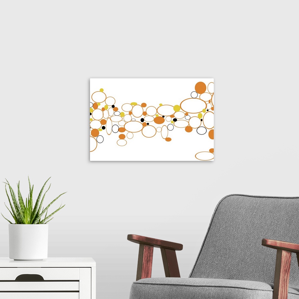 A modern room featuring Contemporary digital creation inspired by the natural placement of rocks in a river.  Circles and...