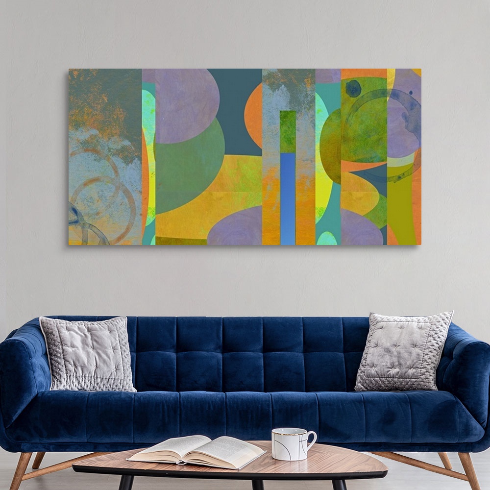 A modern room featuring A collage of original acrylic paintings all woven together to create a colorful image.