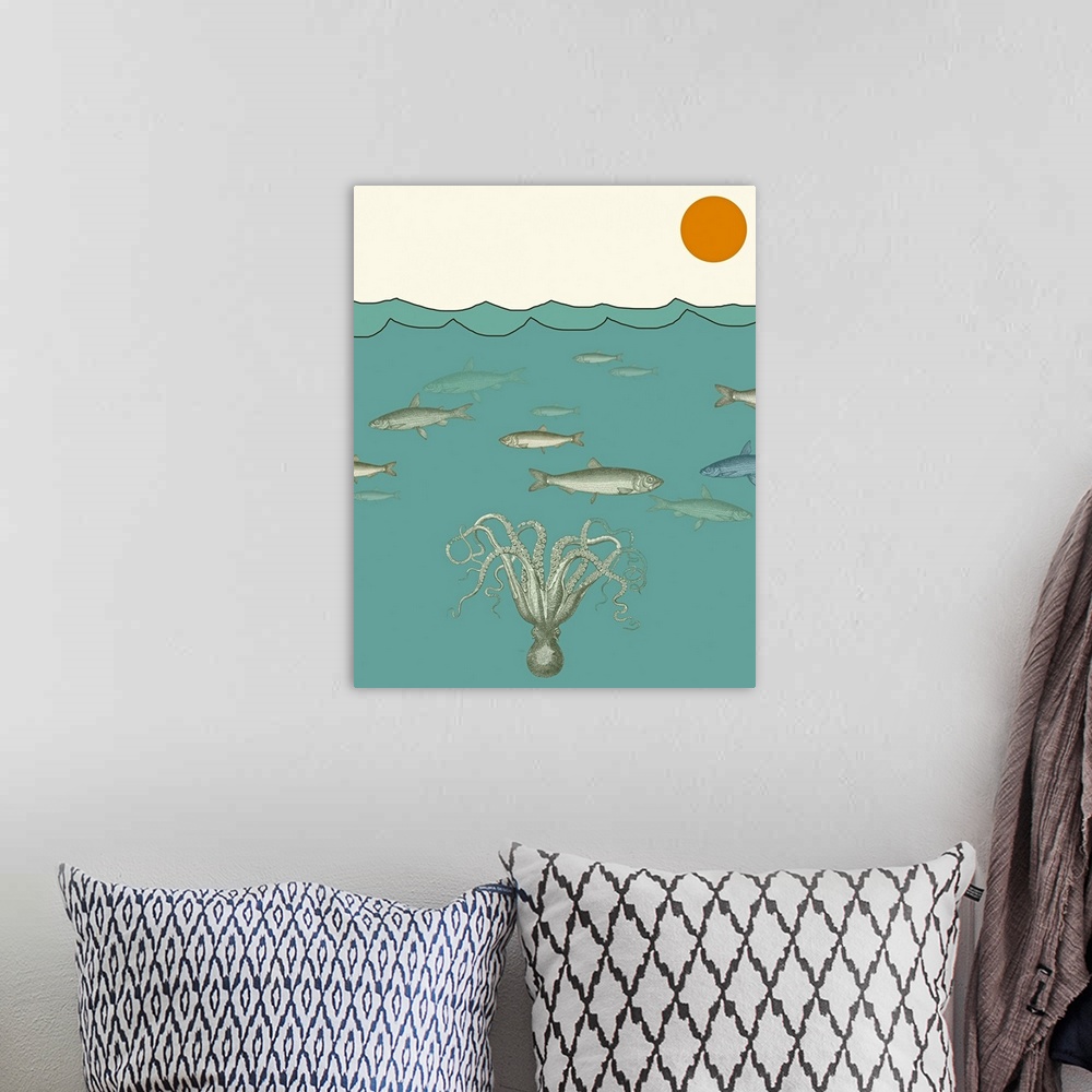 A bohemian room featuring A whimsical ocean scene. Perfect for game room, family room, childrens room or office.