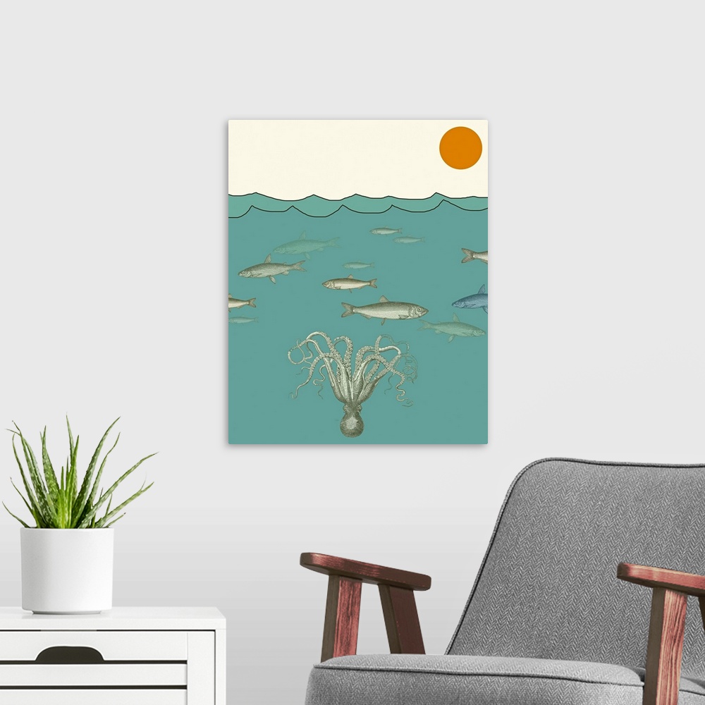 A modern room featuring A whimsical ocean scene. Perfect for game room, family room, childrens room or office.