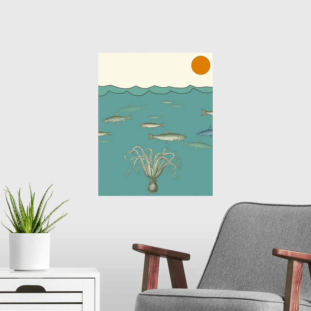 A modern room featuring A whimsical ocean scene. Perfect for game room, family room, childrens room or office.