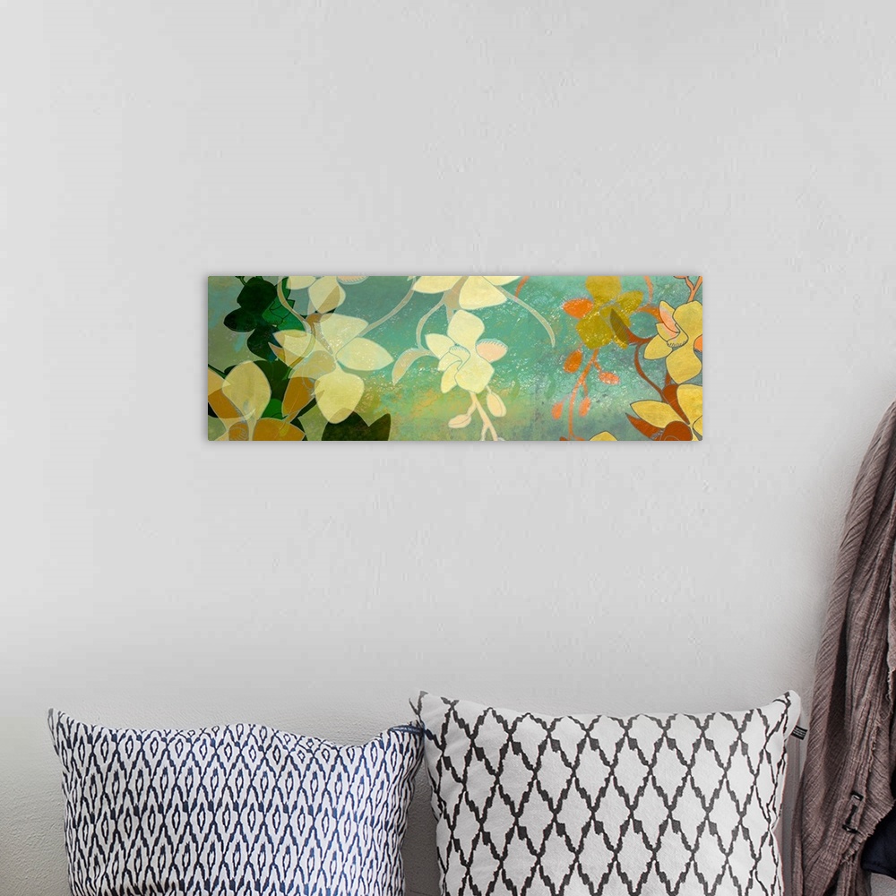 A bohemian room featuring Big contemporary art shows different groups of flowers as they are layered on top of each other a...