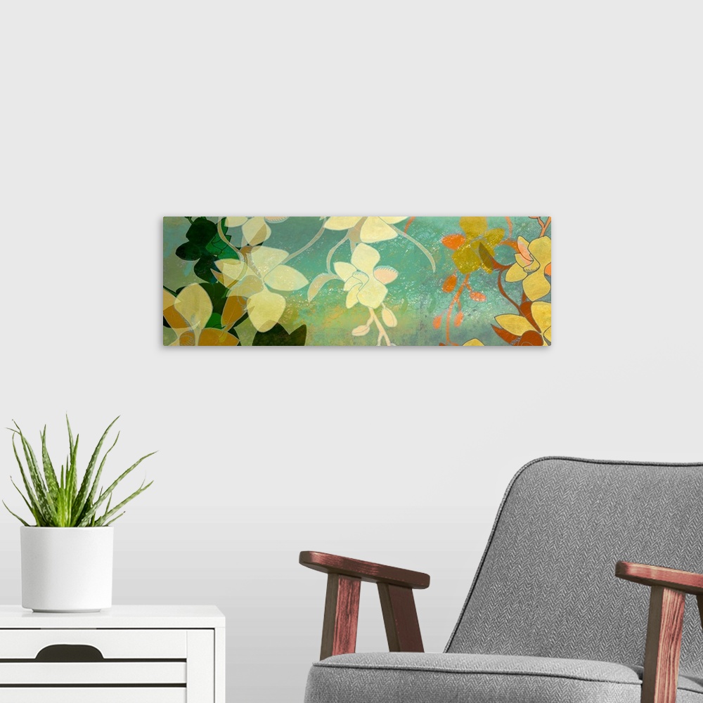 A modern room featuring Big contemporary art shows different groups of flowers as they are layered on top of each other a...