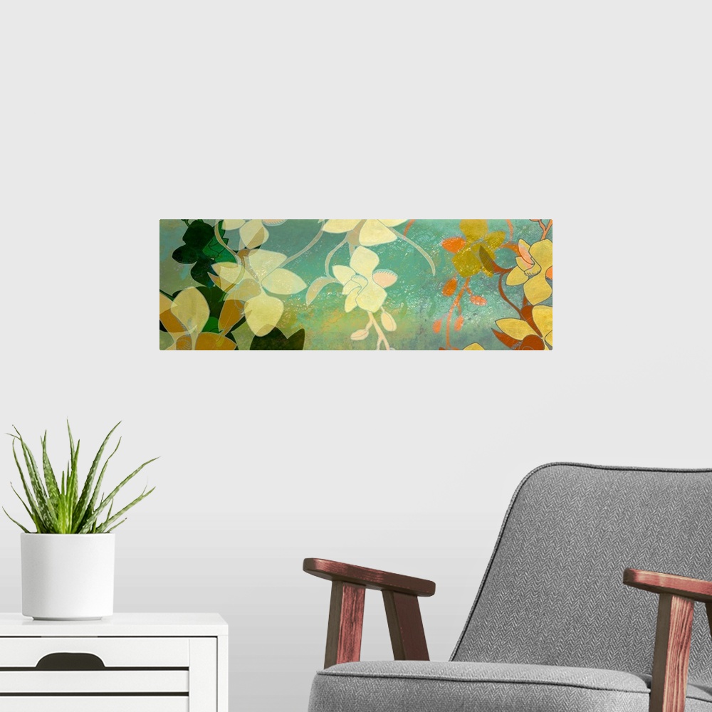 A modern room featuring Big contemporary art shows different groups of flowers as they are layered on top of each other a...