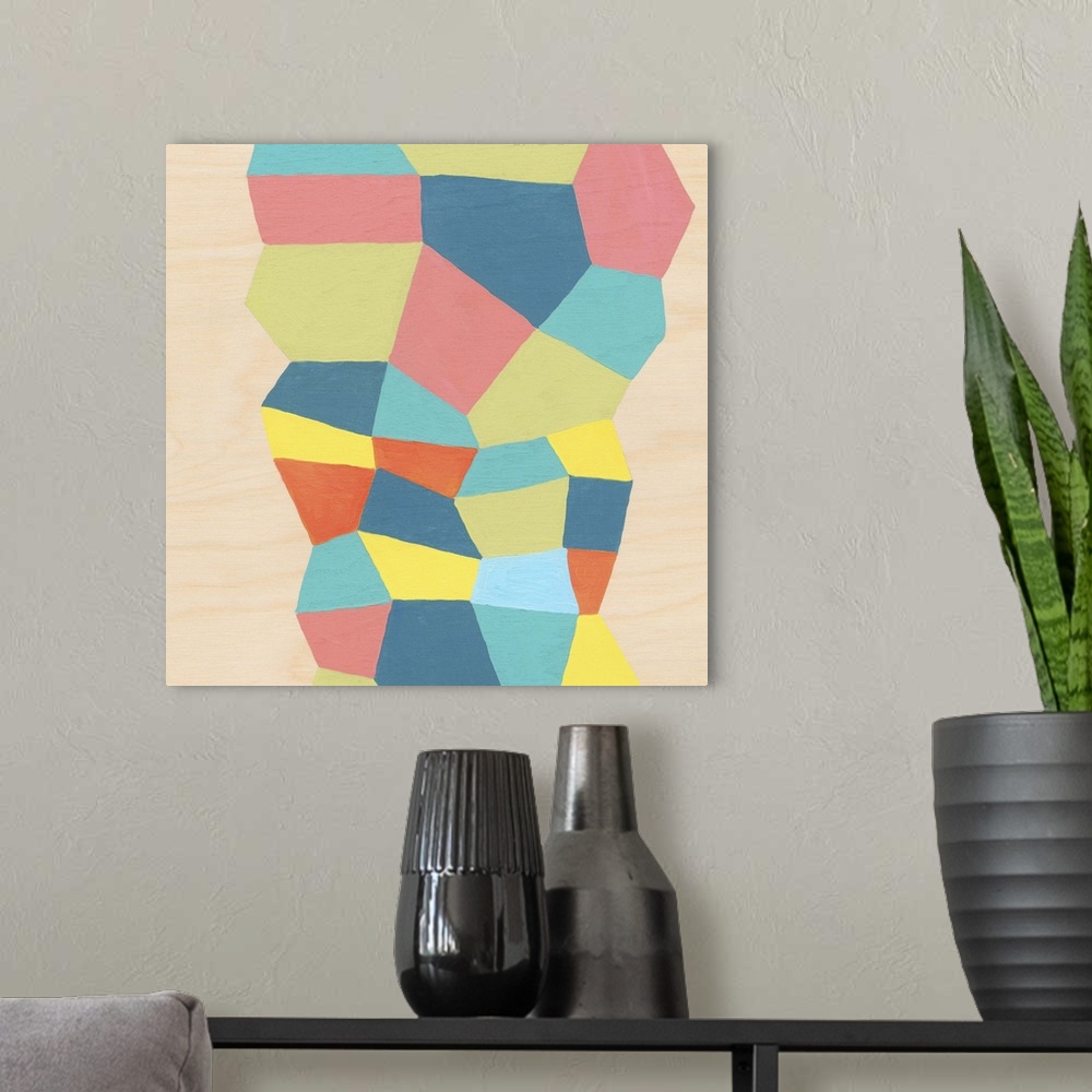 A modern room featuring An acrylic on wood panel with geometric shapes. be sure to see all three in the series. Good for ...