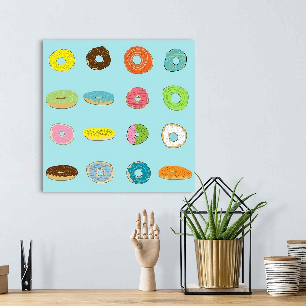 A bohemian room featuring Sixteen Yummy donuts in bright colors - perfect for kitchen, family room, restaurant , game room....