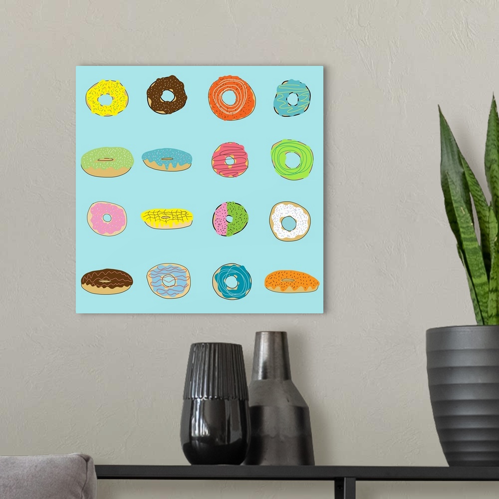 A modern room featuring Sixteen Yummy donuts in bright colors - perfect for kitchen, family room, restaurant , game room....