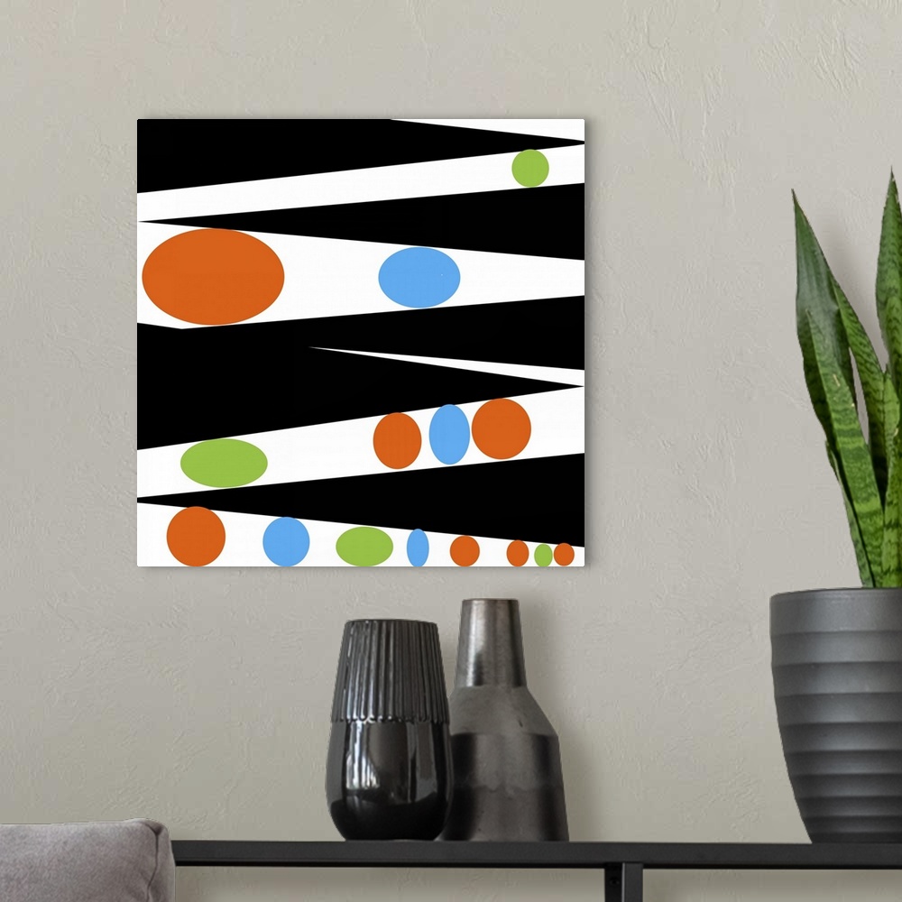 A modern room featuring This art print and print on demand canvas is filled retro colors and shapes for an atomic inspire...
