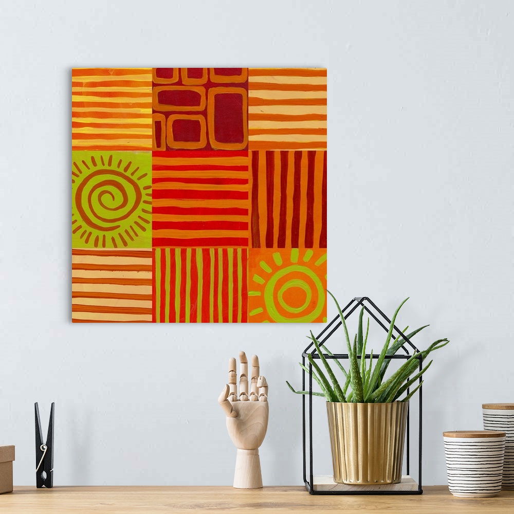 A bohemian room featuring A nine square created from nine separate acrylic paintings and woven together to create one large...