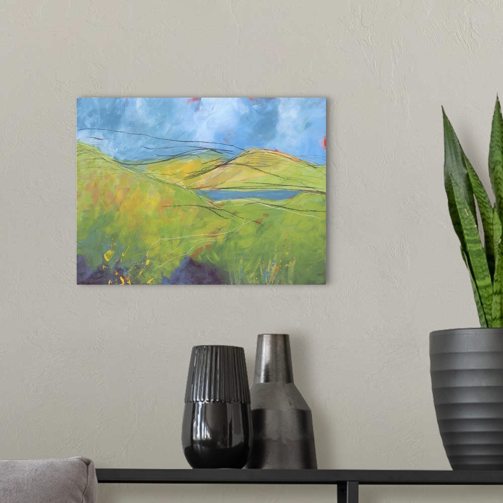 A modern room featuring Contemporary painting of a landscape with rolling green hills and pastel colored paint splatter r...