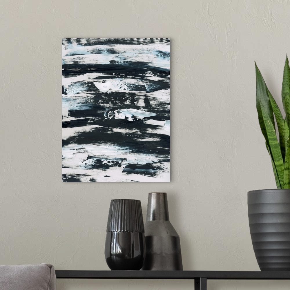 A modern room featuring Vertical abstract painting of textured horizontal brush strokes in black and white with hints of ...