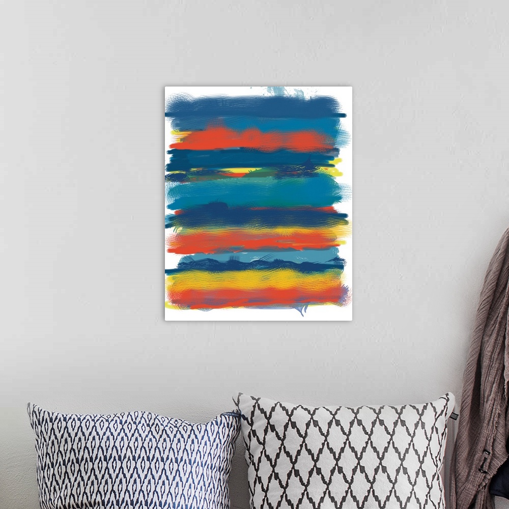 A bohemian room featuring Abstract contemporary painting of blue, red, and yellow horizontal bands of smudged color.