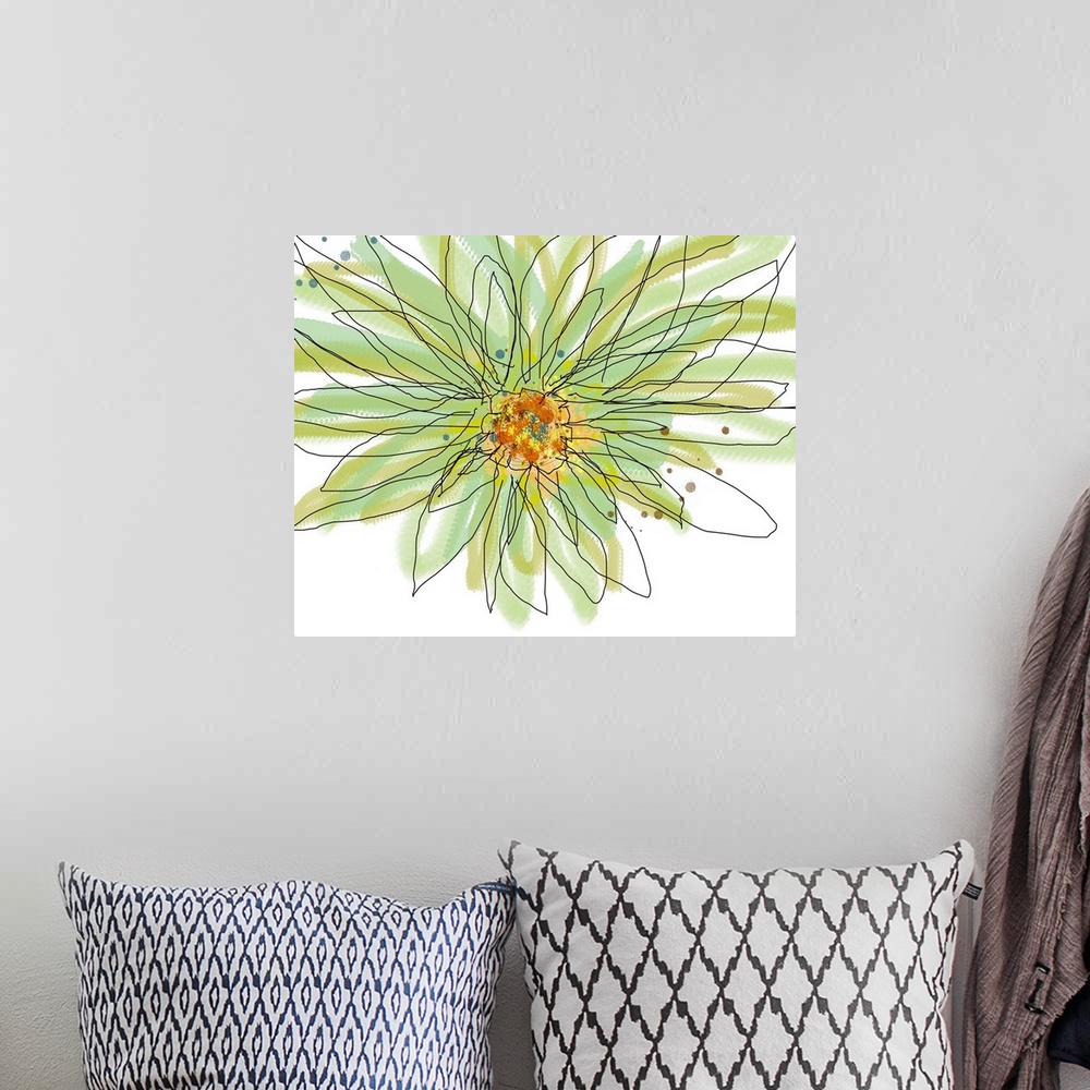 A bohemian room featuring Big contemporary art illustration of a summer gerbera set in soft and cool tones.  Artist separat...