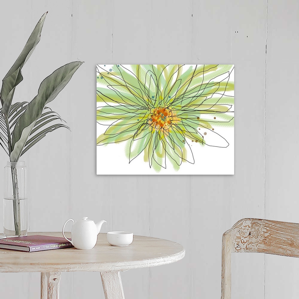 A farmhouse room featuring Big contemporary art illustration of a summer gerbera set in soft and cool tones.  Artist separat...