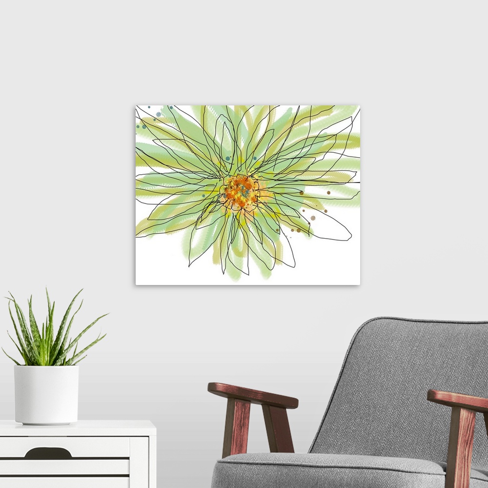 A modern room featuring Big contemporary art illustration of a summer gerbera set in soft and cool tones.  Artist separat...