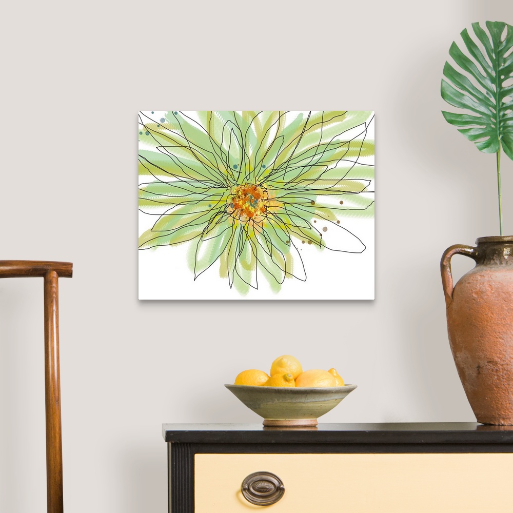 A traditional room featuring Big contemporary art illustration of a summer gerbera set in soft and cool tones.  Artist separat...
