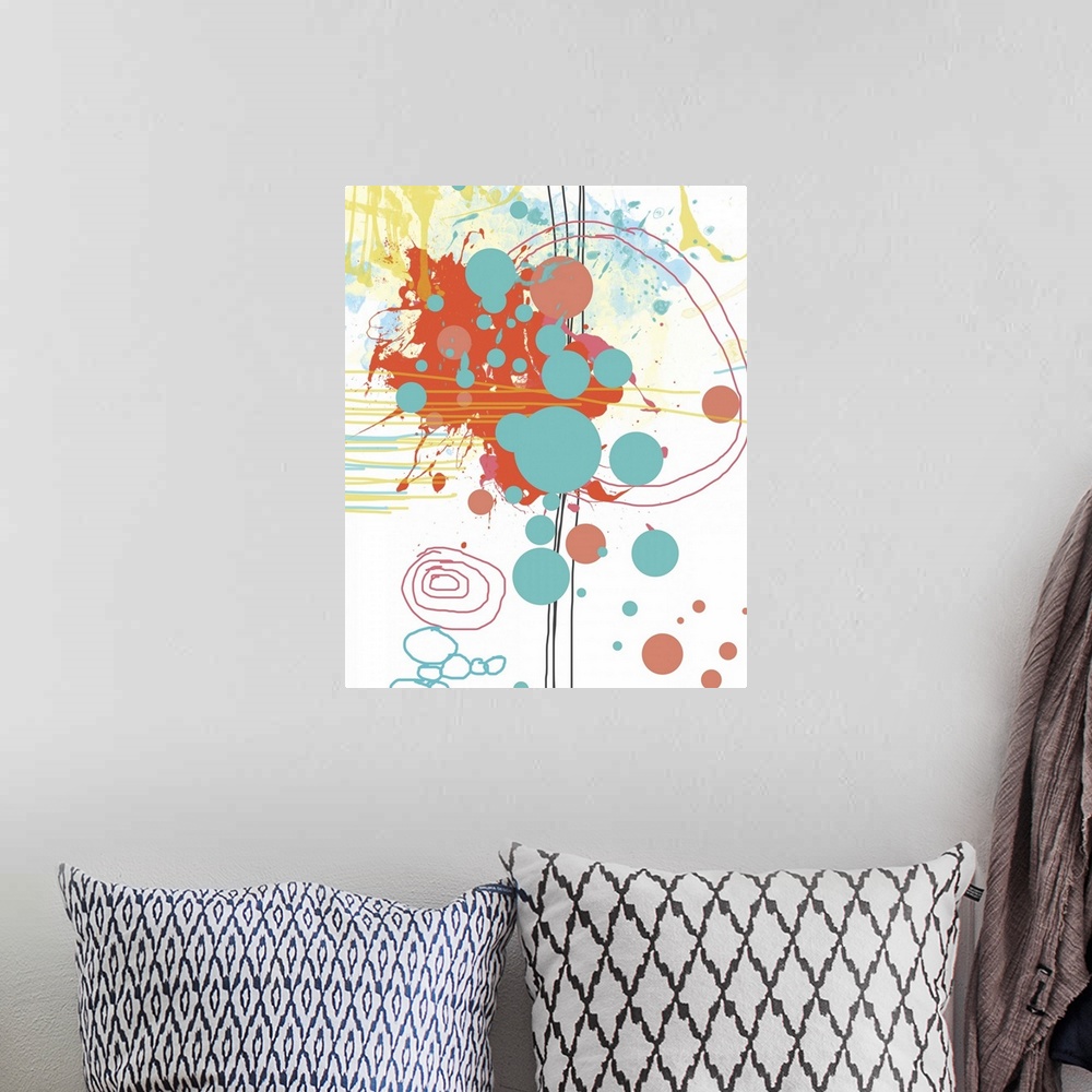 A bohemian room featuring This art print is digitally created and inspired by colors of summer including aqua and coral. Gr...