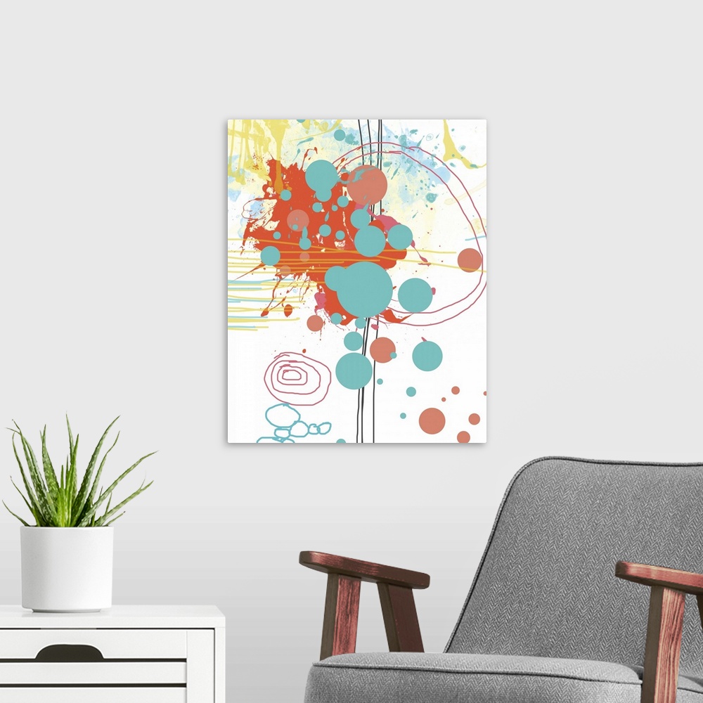 A modern room featuring This art print is digitally created and inspired by colors of summer including aqua and coral. Gr...