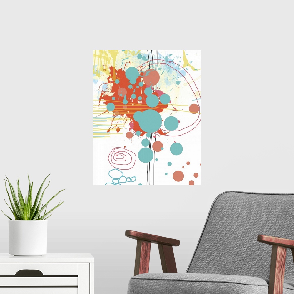 A modern room featuring This art print is digitally created and inspired by colors of summer including aqua and coral. Gr...