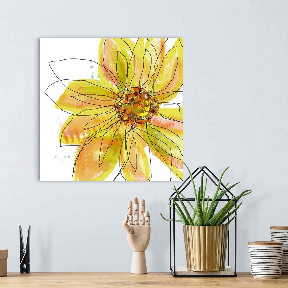 A bohemian room featuring Digital painting of a flower on square shaped wall art. The floweros shape is defined by gestural...