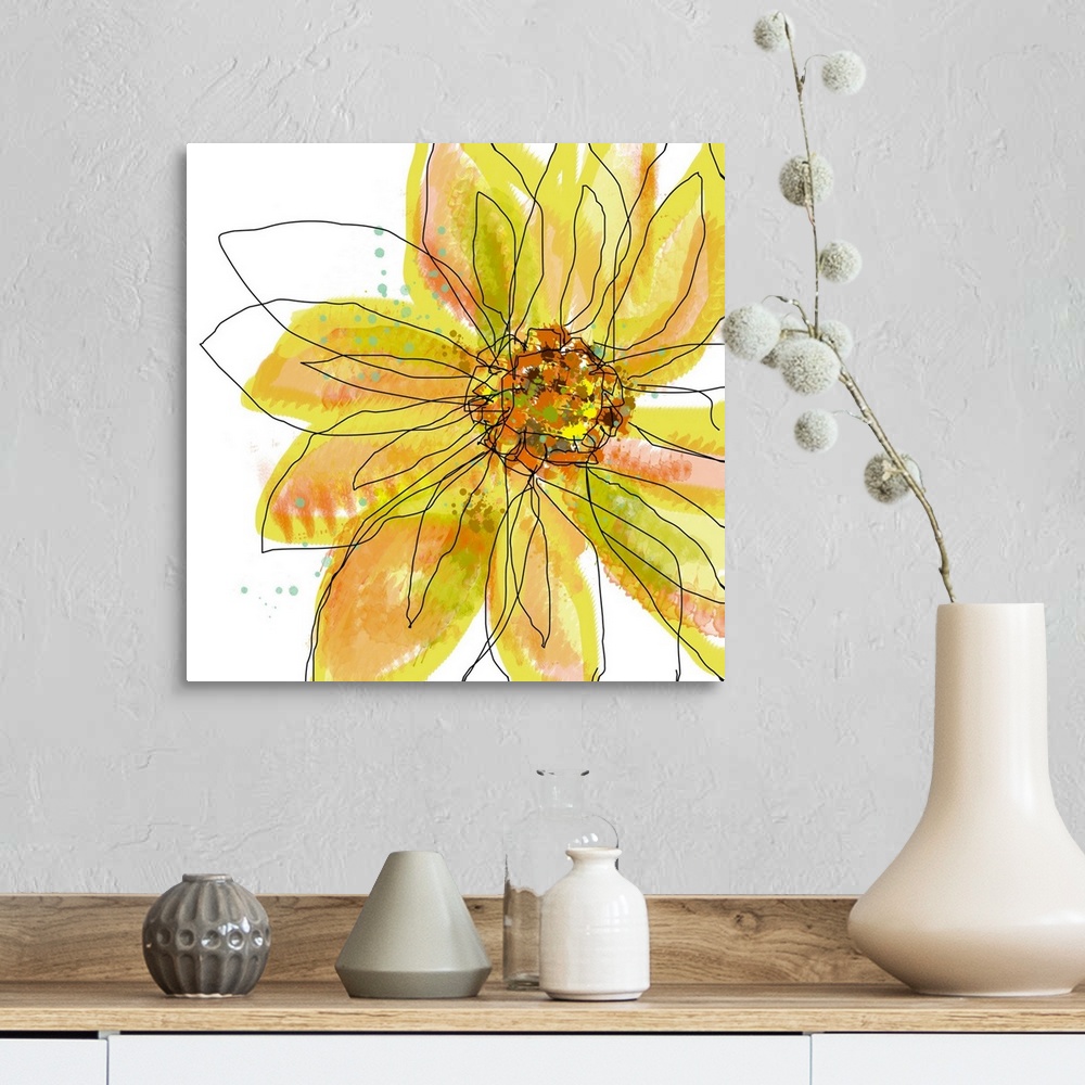 A farmhouse room featuring Digital painting of a flower on square shaped wall art. The floweros shape is defined by gestural...