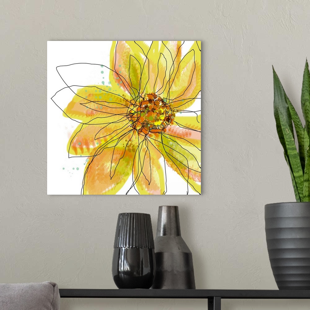 A modern room featuring Digital painting of a flower on square shaped wall art. The floweros shape is defined by gestural...