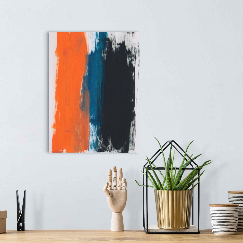 A bohemian room featuring Abstract painting of bold vertical brush strokes in orange, blue and black on a light gray backgr...