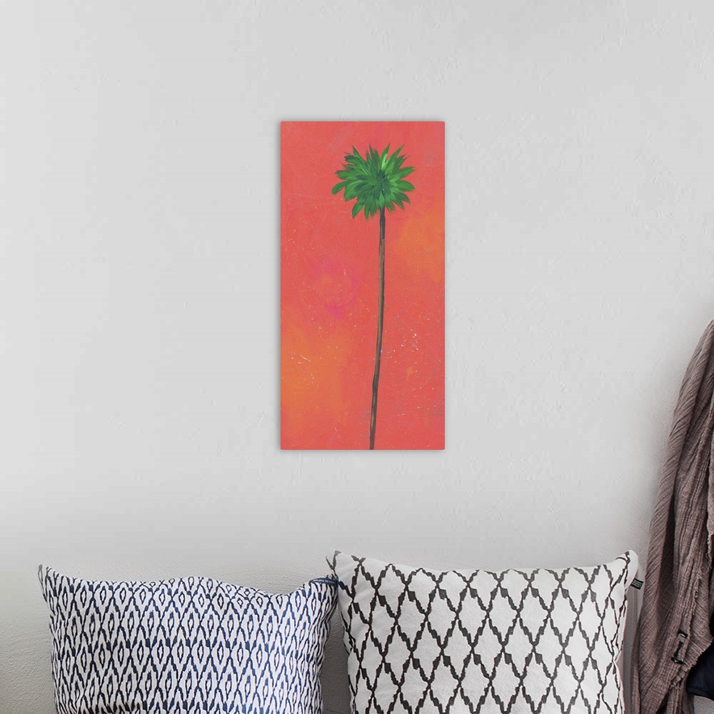A bohemian room featuring Contemporary artwork of a tall palm tree with a thin trunk against a red background.