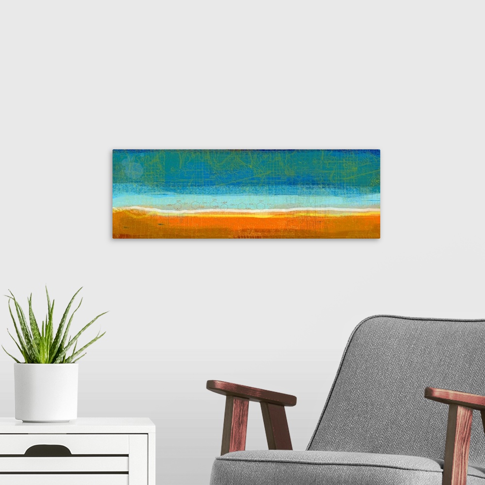 A modern room featuring Nature inspired and digitally created. This panoramic shaped artwork is comprised to swaths of co...