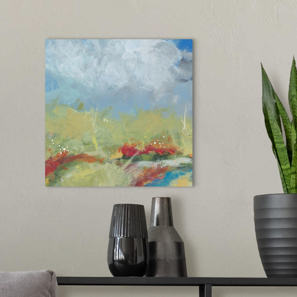 A modern room featuring an impressionistic landscape painted with acrylic on wood panel. A quiet stream meanders in the f...
