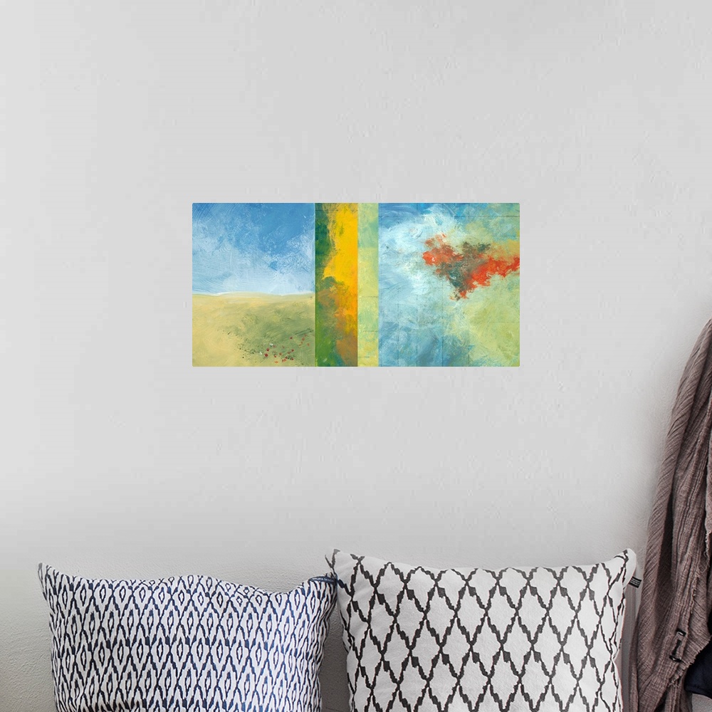 A bohemian room featuring Horizontal, abstract artwork on a big canvas of four vertical panels of varying thickness, each w...