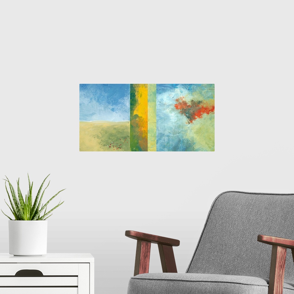 A modern room featuring Horizontal, abstract artwork on a big canvas of four vertical panels of varying thickness, each w...