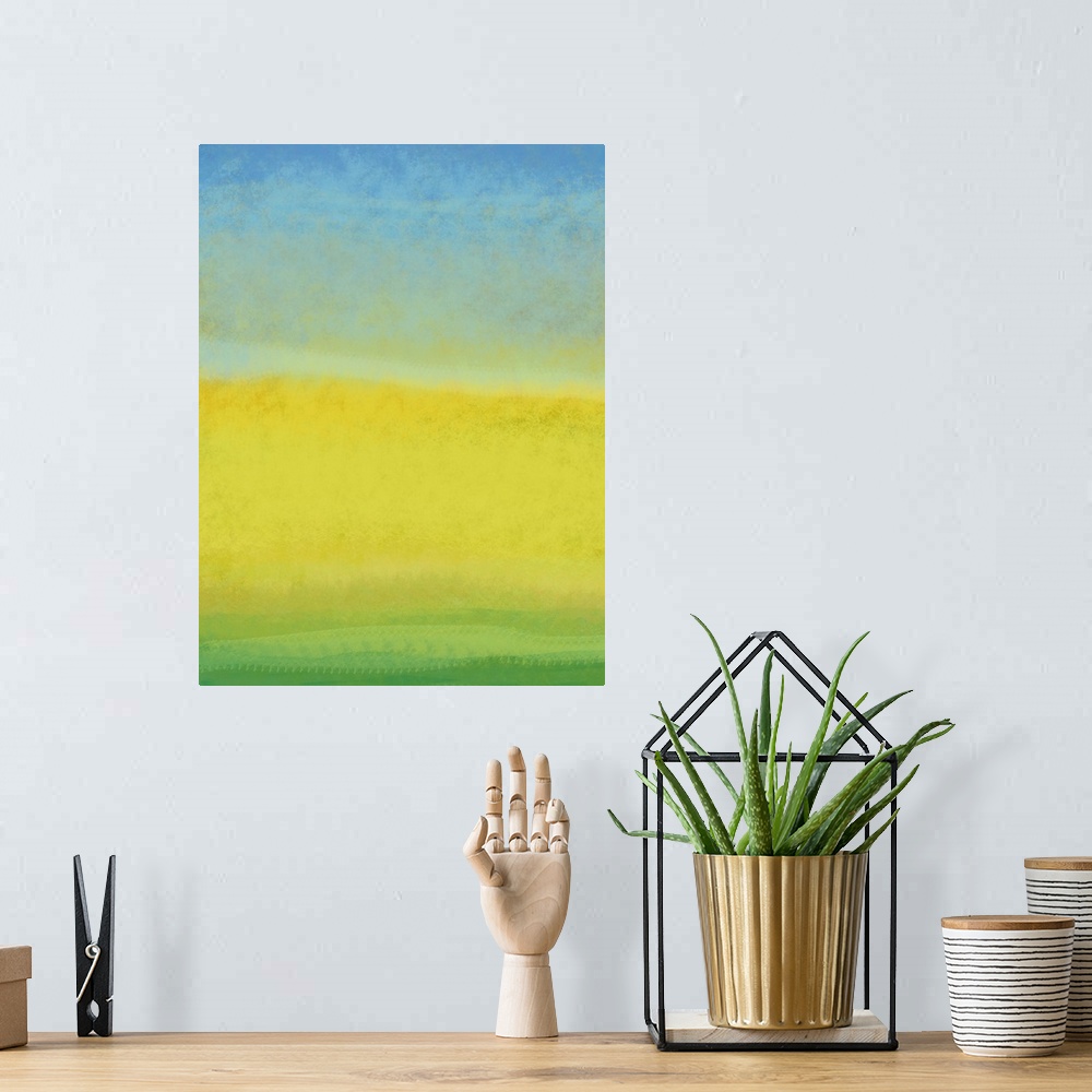 A bohemian room featuring Contemporary abstract art using vibrant tones of green, yellow and blue.