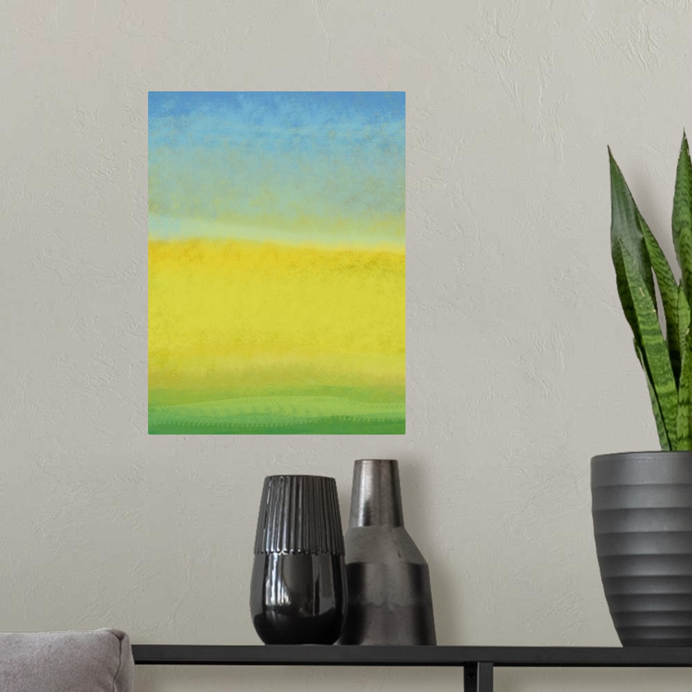 A modern room featuring Contemporary abstract art using vibrant tones of green, yellow and blue.