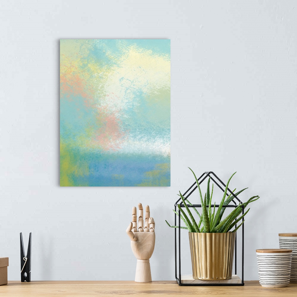 A bohemian room featuring Contemporary abstract art using soft pastel colors.