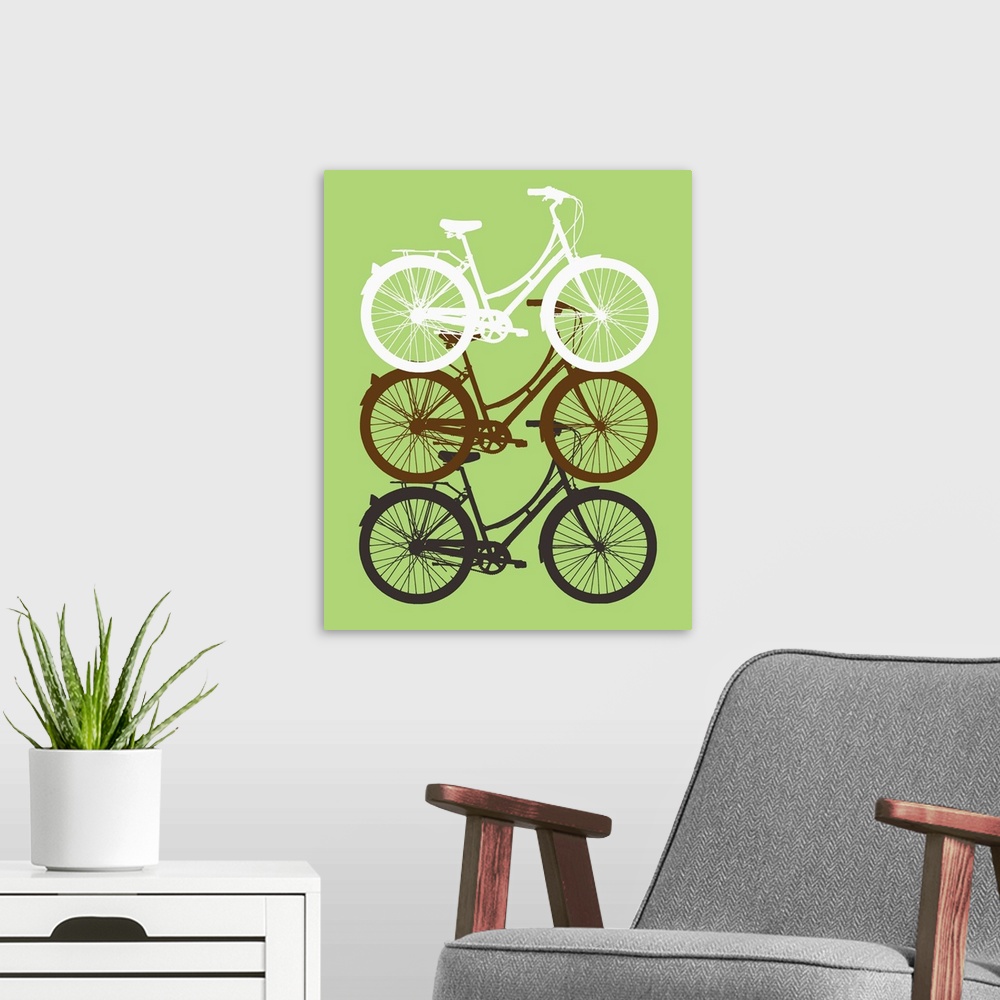 A modern room featuring Three Bikes on Green