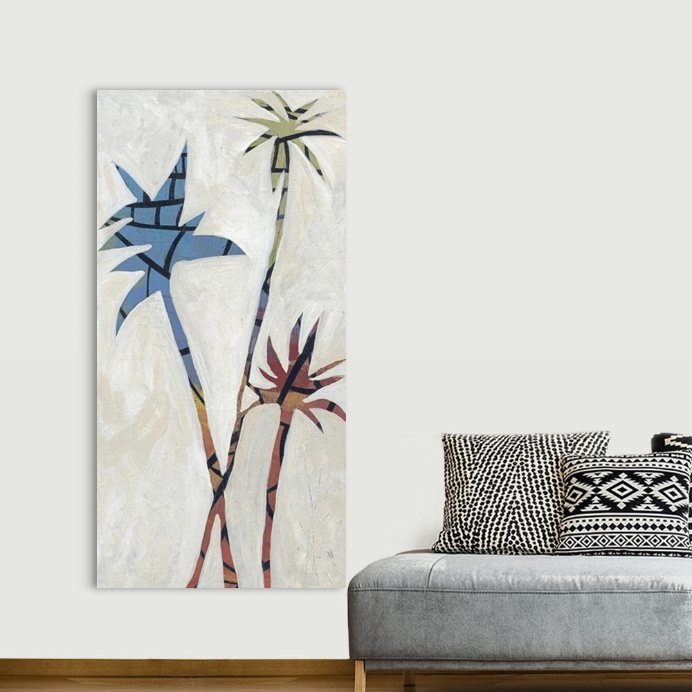 A bohemian room featuring Three palms on a white textured background. This was created on a wood panel substrate with acryl...
