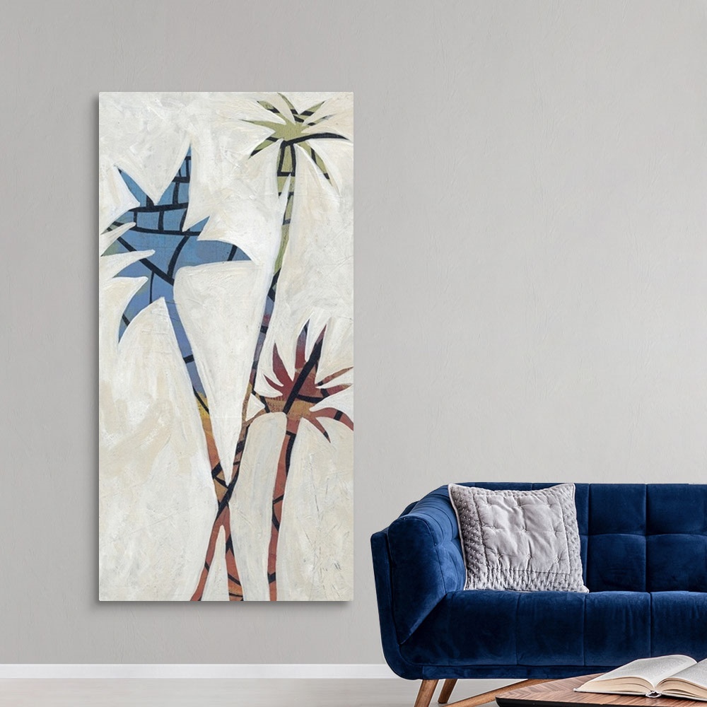 A modern room featuring Three palms on a white textured background. This was created on a wood panel substrate with acryl...