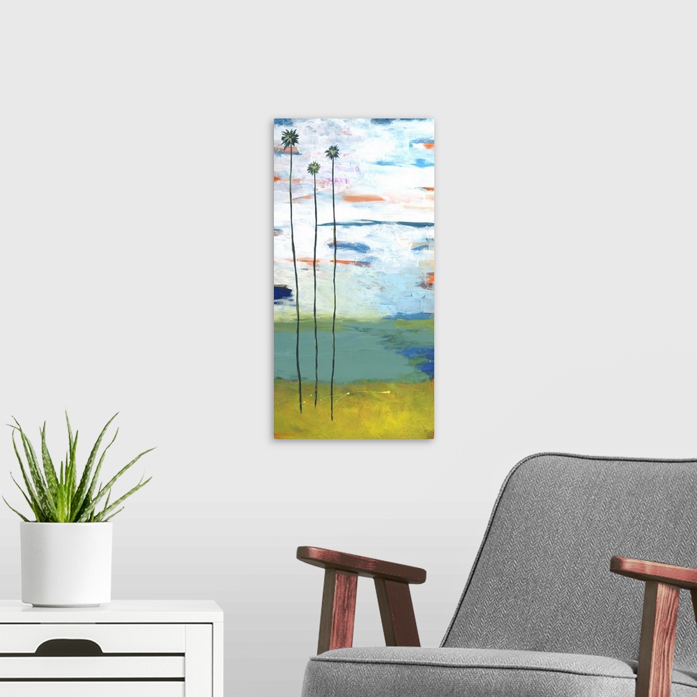 A modern room featuring A contemporary abstract painting of three palm trees in a row with long and exaggerated tree trun...