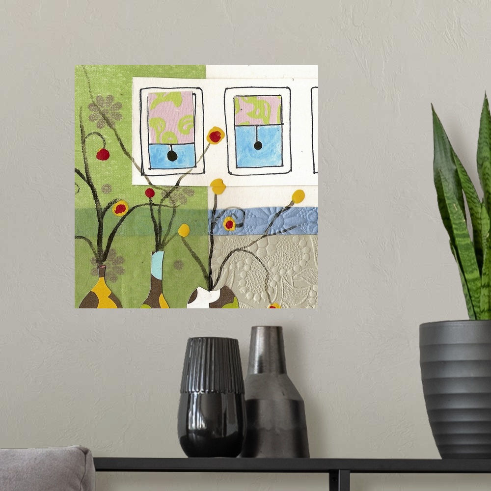 A modern room featuring Mixed media collage creation with an interior image layered with paper then paint and ink giving ...