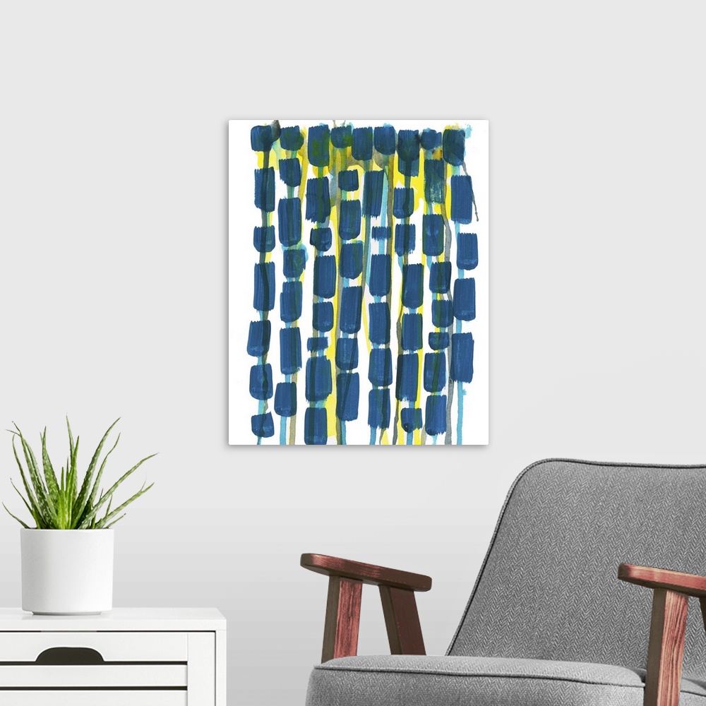 A modern room featuring Contemporary artwork featuring a chain of navy blue shapes with yellow areas.