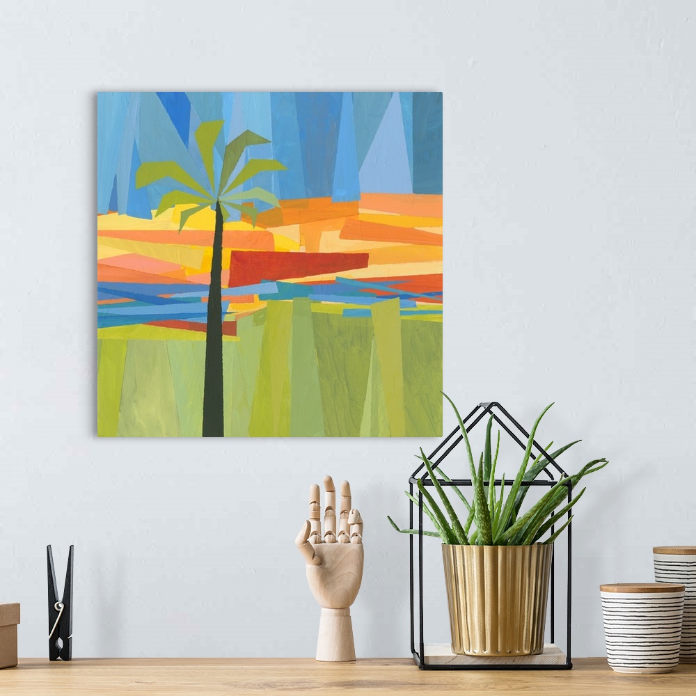 A bohemian room featuring This was rendered as an original acrylic on wood panel with each band of color being masked off a...