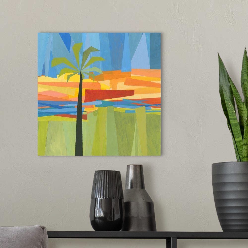 A modern room featuring This was rendered as an original acrylic on wood panel with each band of color being masked off a...