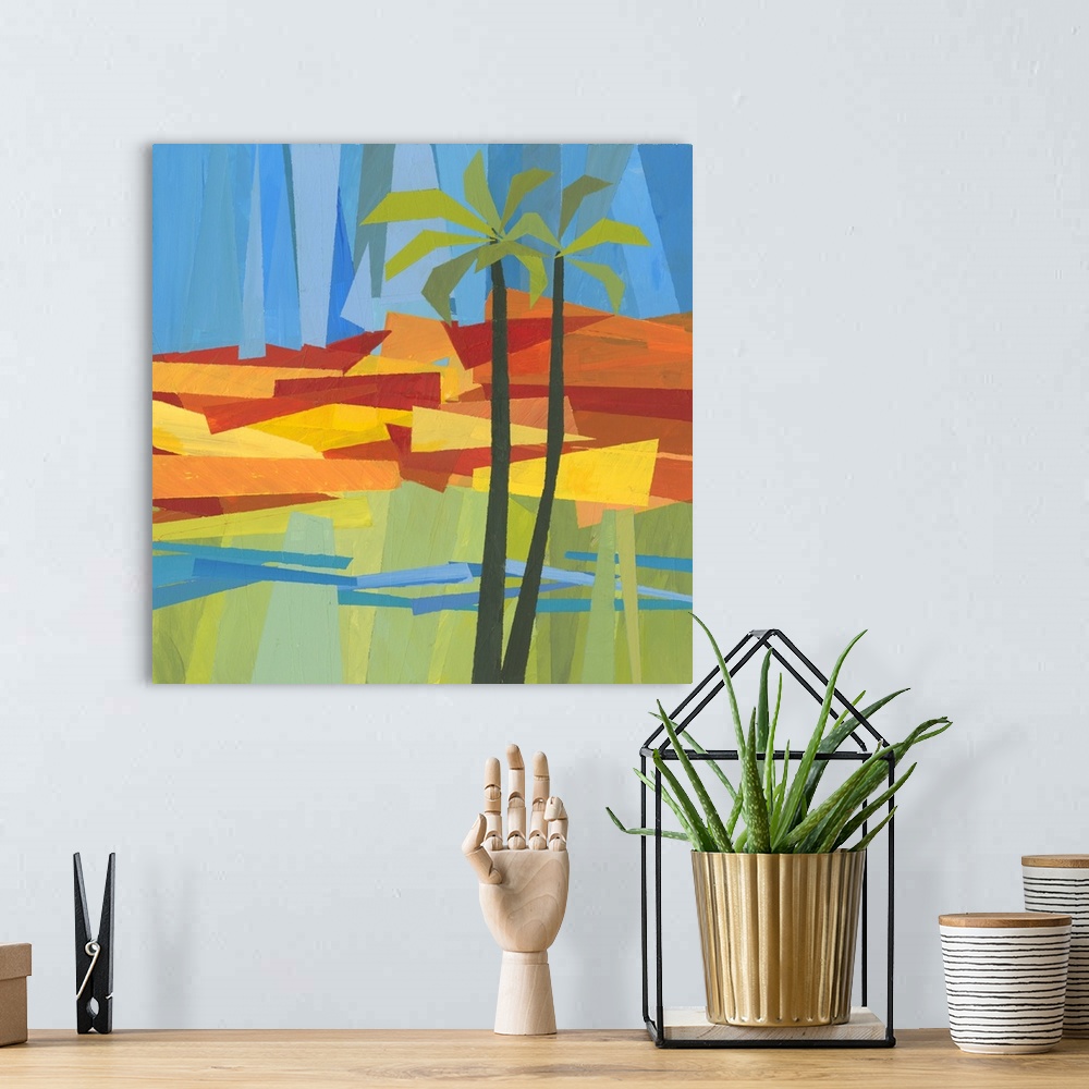 A bohemian room featuring This was rendered as an original acrylic on wood panel with each band of color being masked off a...